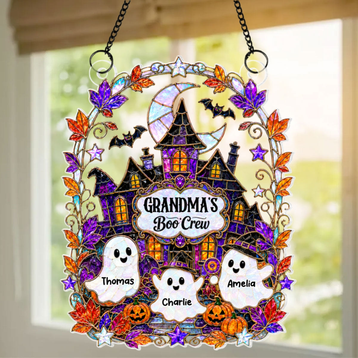 Whimsical Grandma's Boo Crew Haunted House - Personalized Acrylic Window Hanging - Halloween Decoration For Grandma