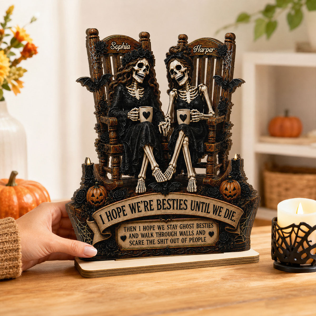 Skeleton Besties Until We Die 2D Flat - Personalized 2-Layered Wooden Plaque - Funny Work Bestie Gift, Halloween Keepsake For Best Friends