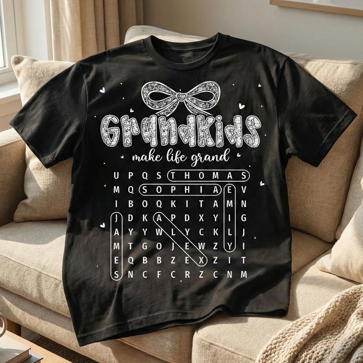 Lace Pattern Grandma Custom Grandkids Names Word Search Puzzle - Personalized Shirt - Gift For Grandma