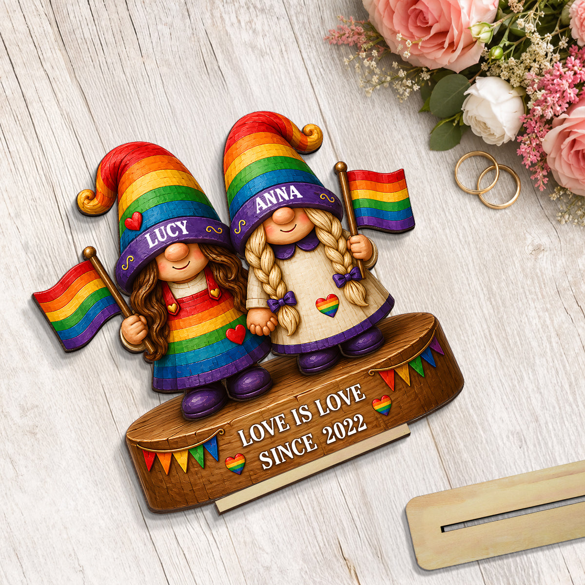 Love Is Love Rainbow Gnome Couple - Personalized 2-Layered Wooden Plaque - Gift For Couple, Happy Pride Month