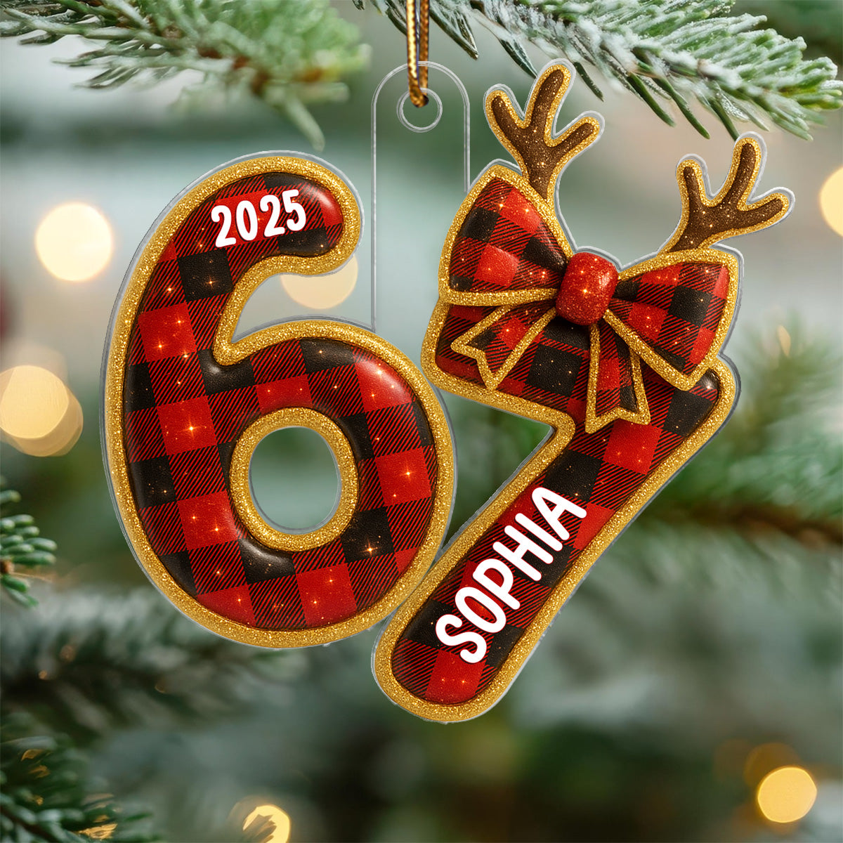 3D Effect Girly Coquette Bow Pattern 67 Six Seven 2025 Slang - Personalized Acrylic Ornament - Funny Christmas Gift For Teen Girl, Grandkid, Gen Alpha
