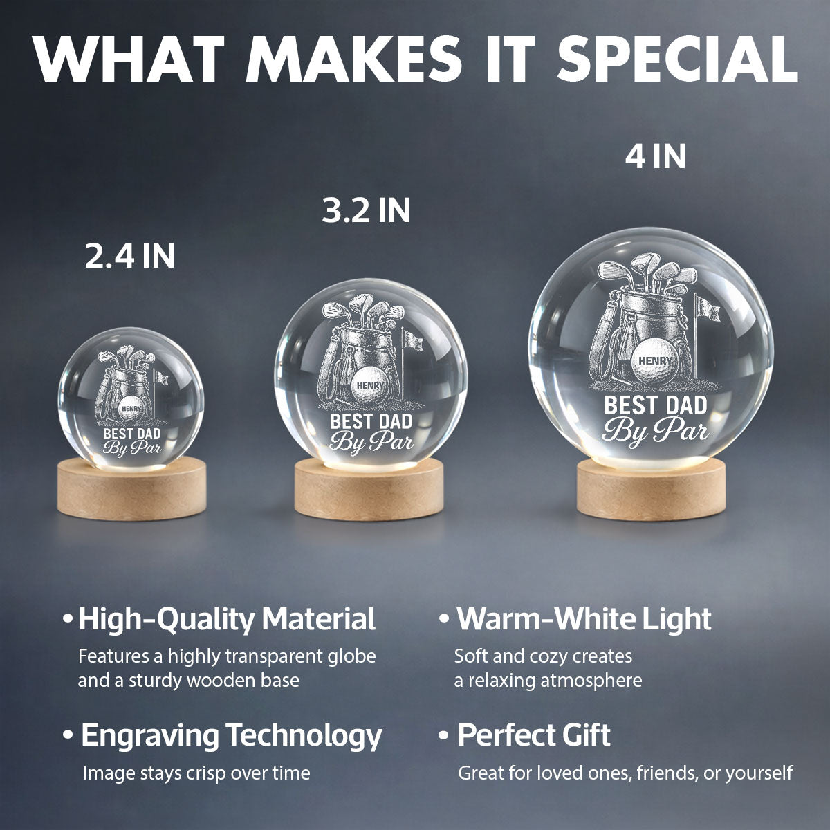 Best Dad By Par Golf Dad - Personalized Crystal Ball LED Night Light -  Gift For Dad, Golf Lover