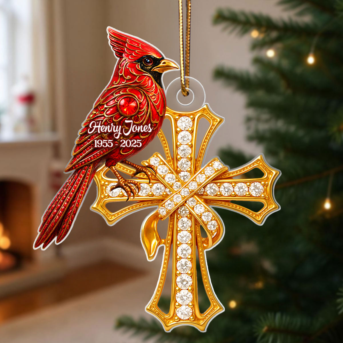 Red Cardinal On Cross 3D Crystal Effect - Personalized Acrylic Ornament - Family Memorial Keepsake