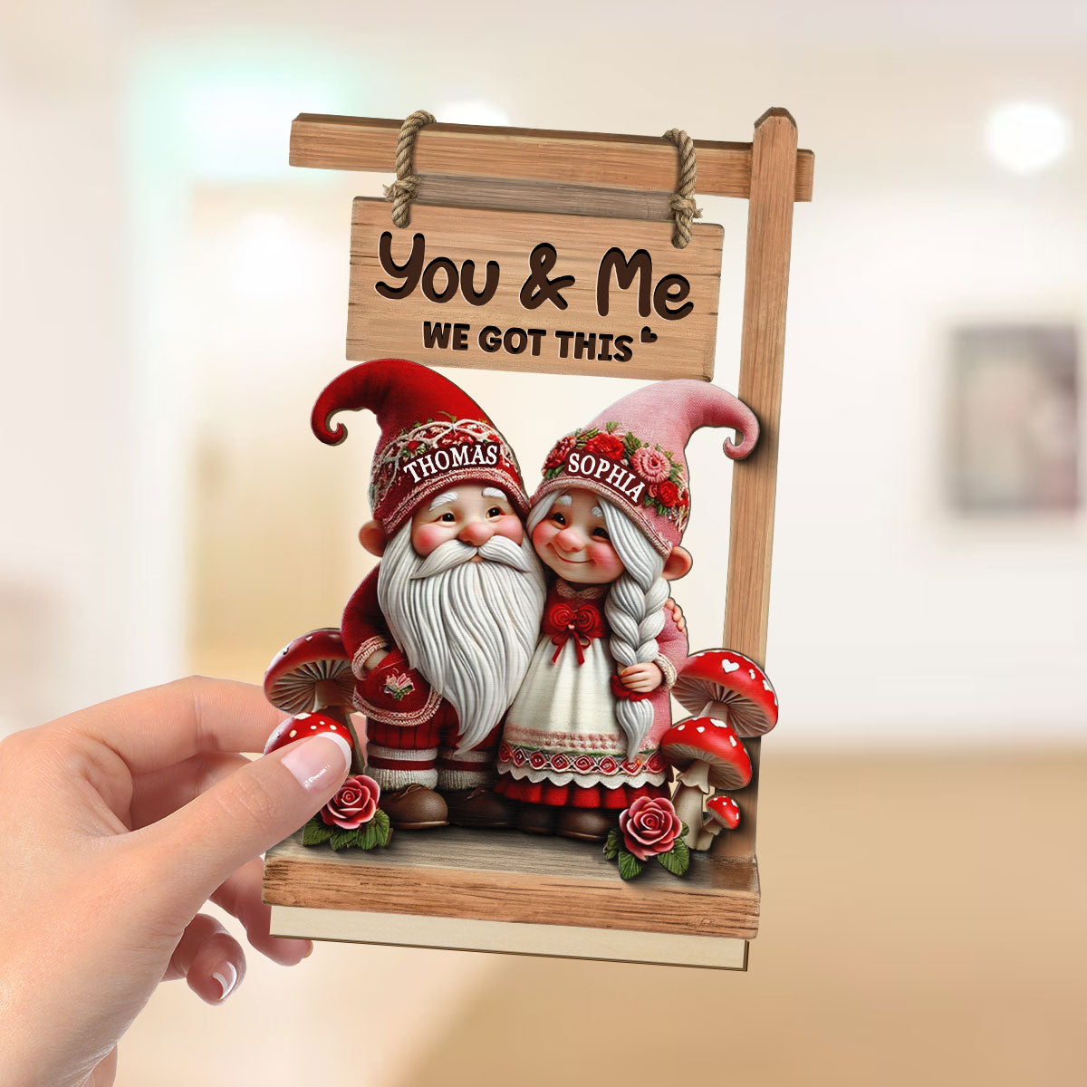 3D Effect Valentine Theme Gnome Couple Standing - Personalized 2-Layer Wooden Plaque - Gift For Him, Gift For Her