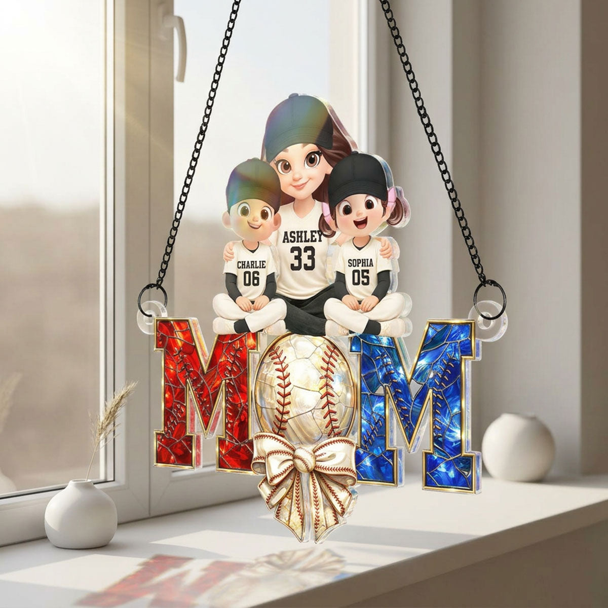 Baseball Mom And Kids - Personalized Acrylic Suncatcher - Mother's Day Gift for Mom, Wife