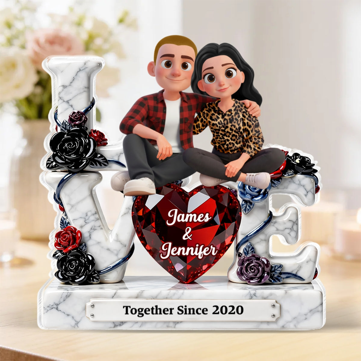 Couple Sitting on Love Marble Pattern - Personalized Acrylic Block Plaque - Heartfelt Valentine's Day Gift for Her, for Him