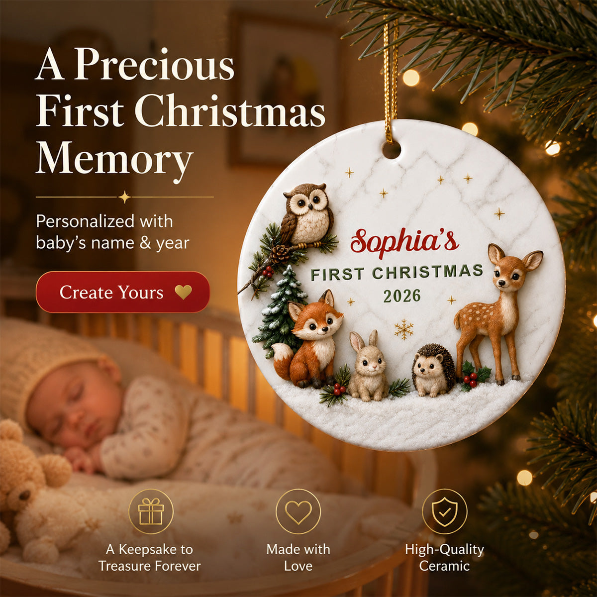 Baby First Christmas Woodland Animals 2D Flat - Personalized Ceramic Ornament - Christmas Keepsake