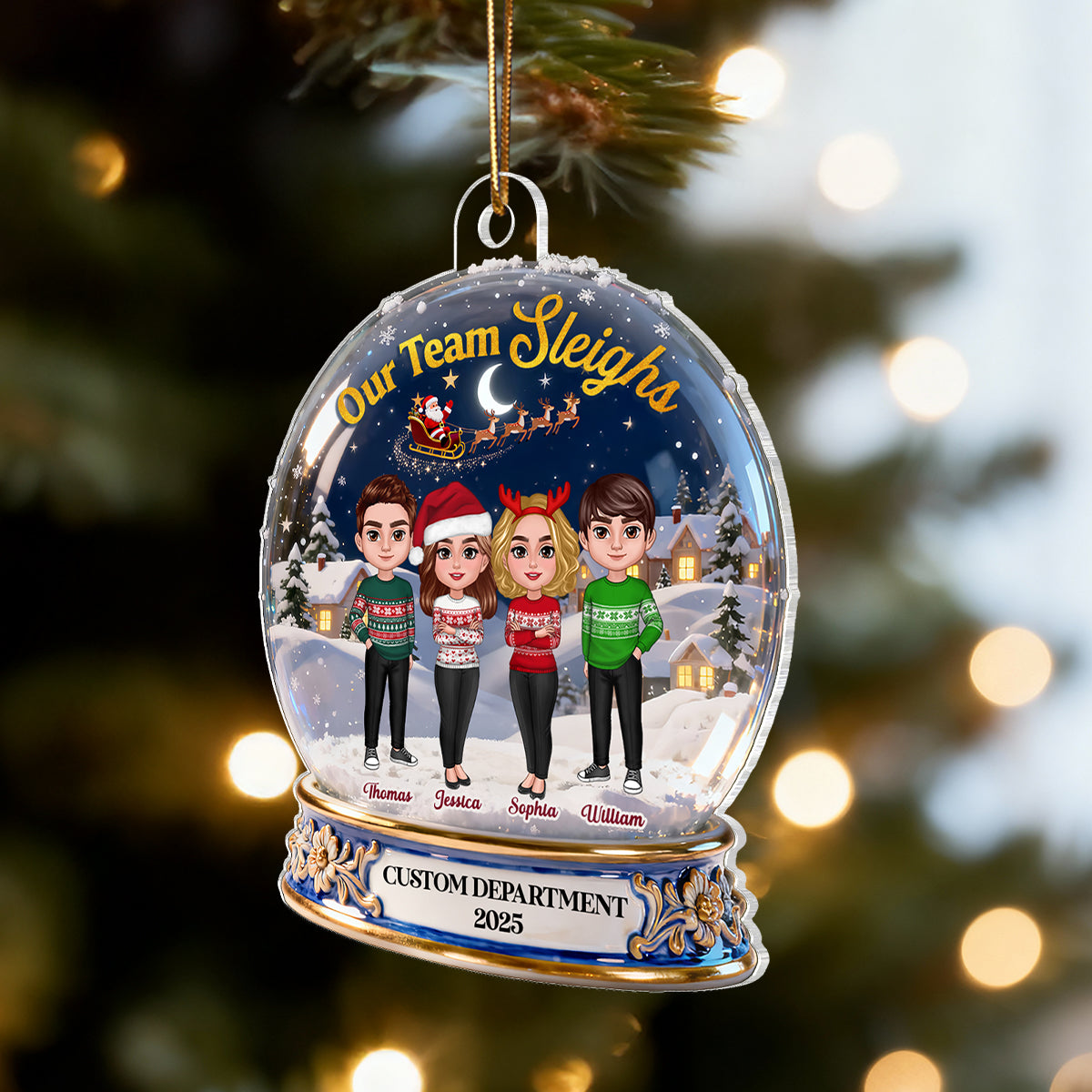 3D Effect Flat Snow Globe Our Team Sleighs Best Team Ever - Personalized Acrylic Ornament, Company Christmas Gift For Staff, For Employees