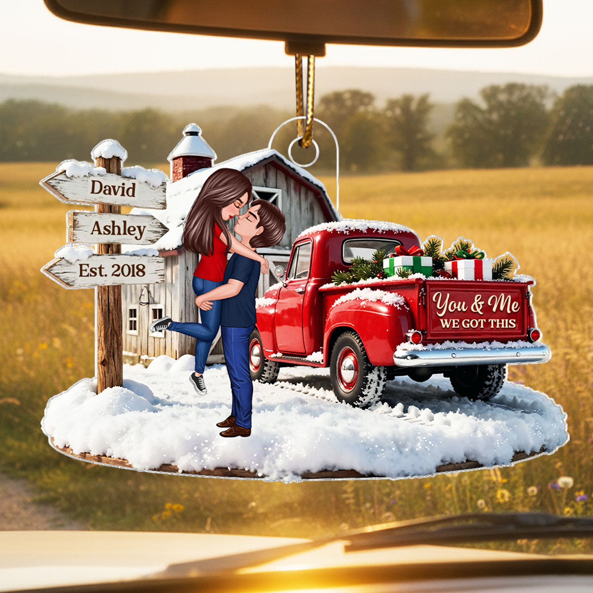Christmas Truck Barn House Couple Sign Post - Personalized Acrylic Ornament - Christmas Gift For Her, For Him, For Couple
