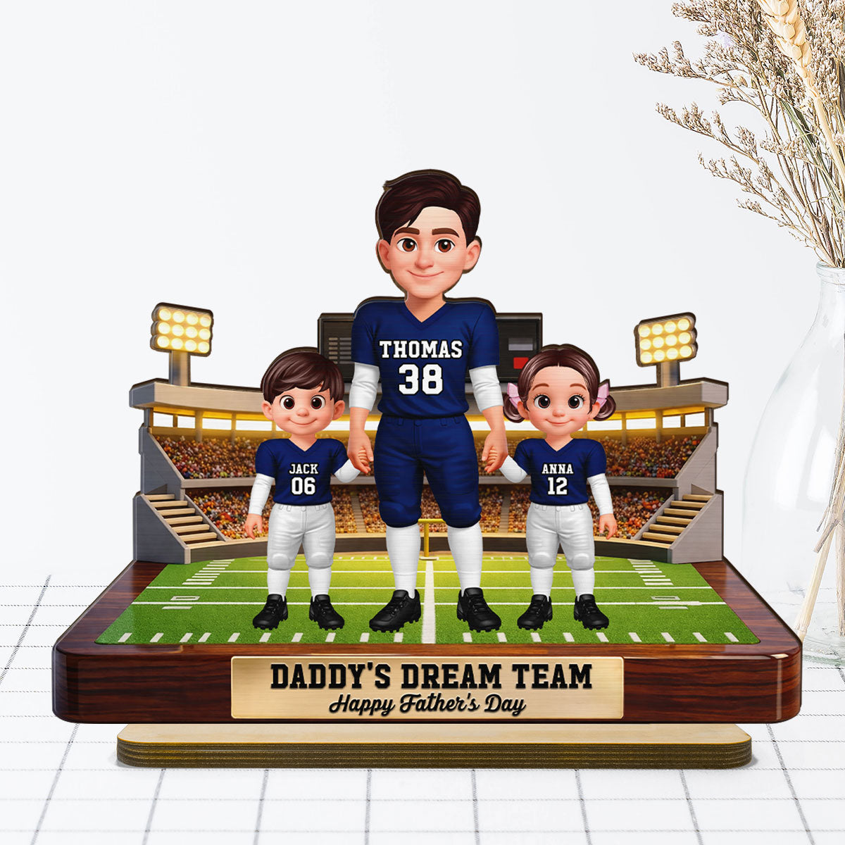 American Football Dad And Kids - Personalized 2-Layered Wooden Plaque -  Gift For Dad