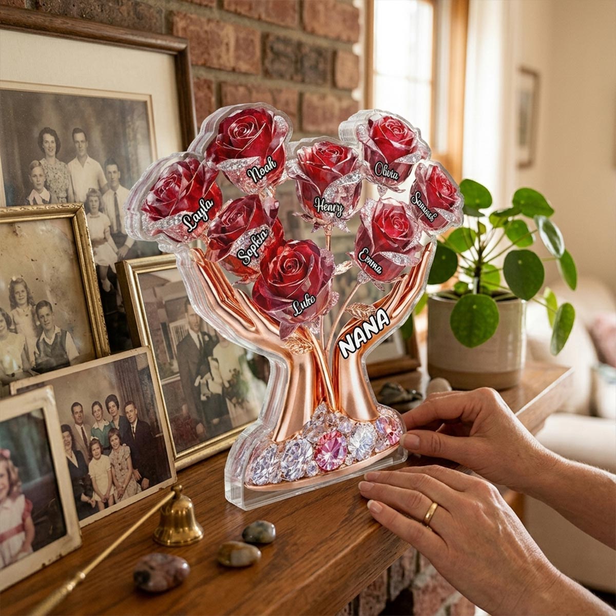 Grandma Hands Roses - Personalized Acrylic Block Plaque - Mother's Day Gift For Grandma