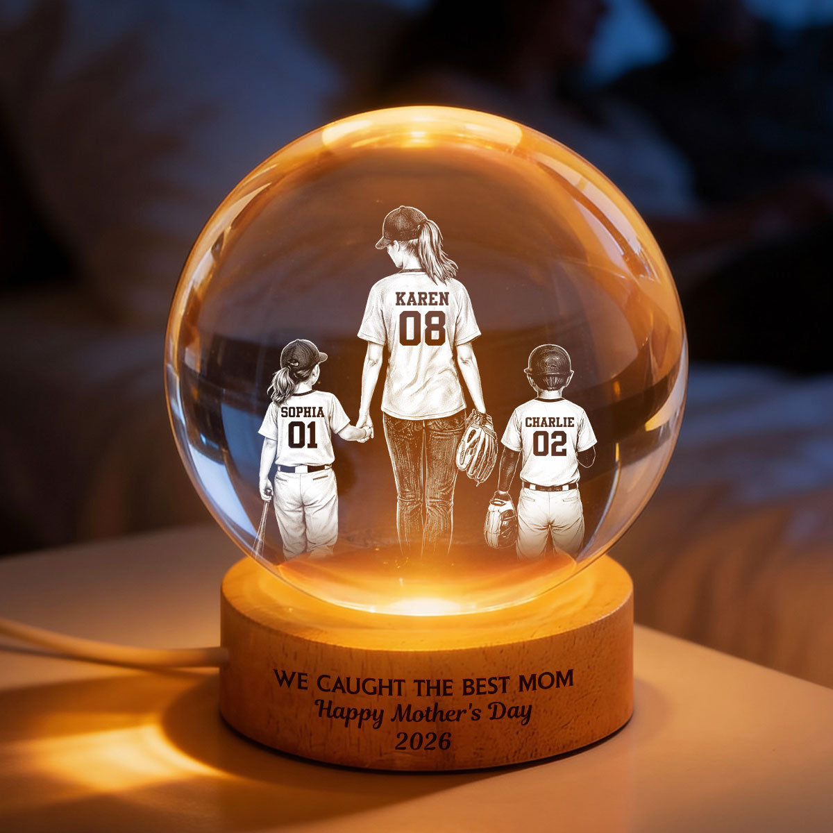 We Caught the Best Mom - Personalized Crystal Ball LED Night Light - Mother's Day Gift for Mom, Wife