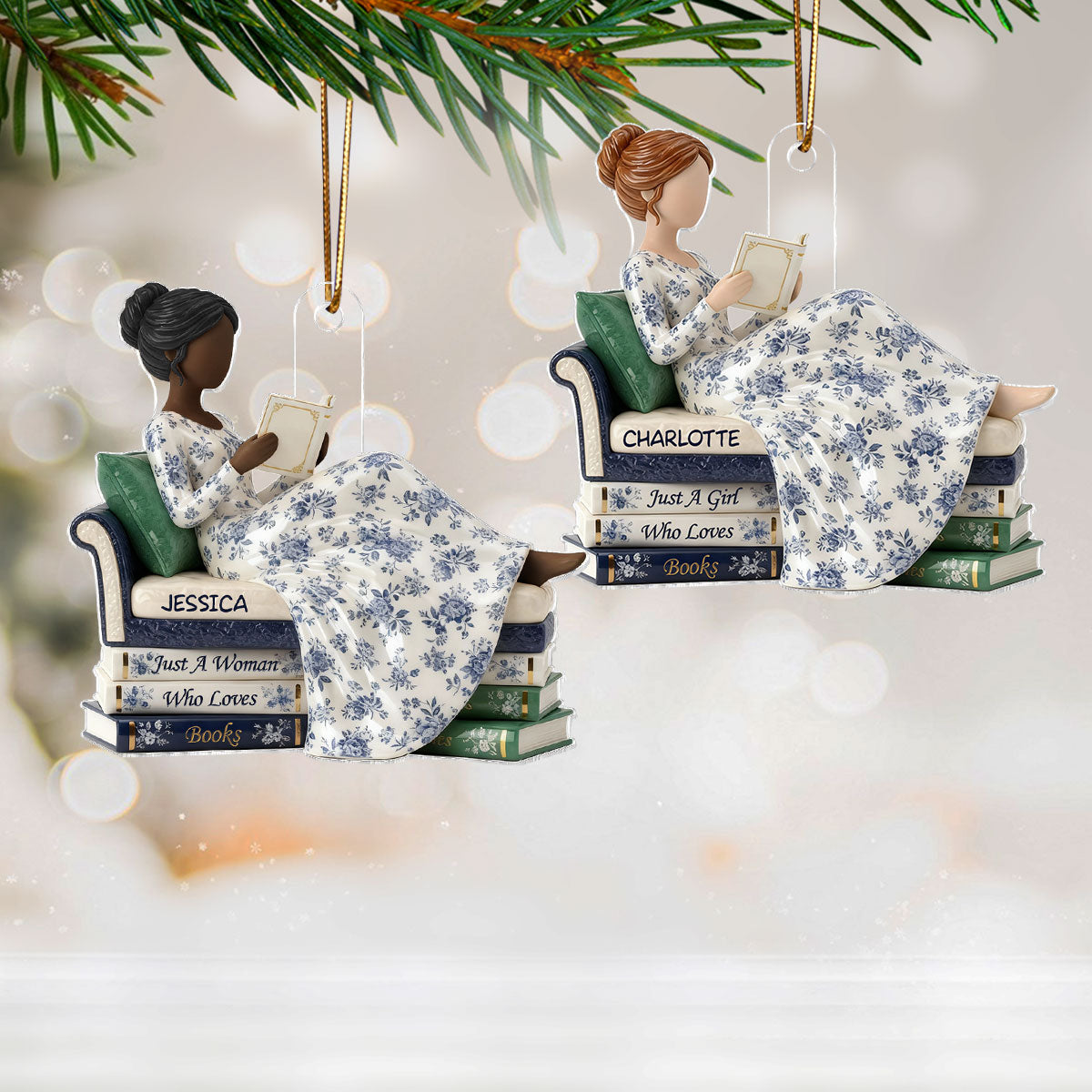 3D Effect Girl Reading Books On Sofa Toile De Jouy Pattern - Personalized Acrylic Ornament - Christmas Gift For Book Lover, Bookworm