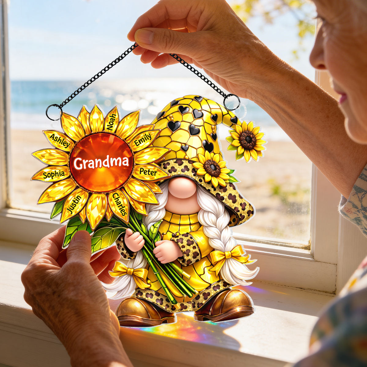 Grandma Gnome Sunflower - Personalized Suncatcher Ornament - Heartfelt Mother's Day Gift for Grandma