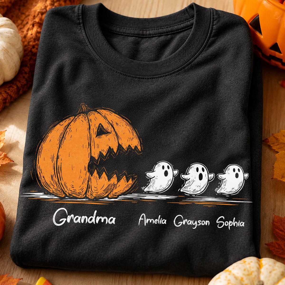Grandma Pumpkin Chasing Kids Ghosts - Personalized Shirt - Halloween Shirt