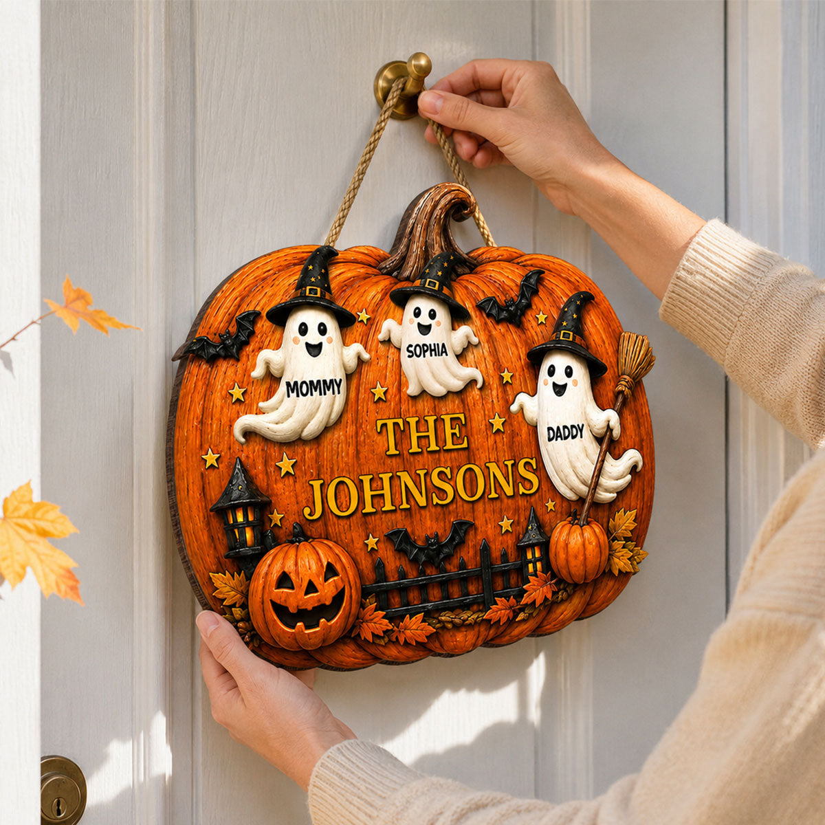 Halloween Family Ghost Pumpkin - Personalized Wood Sign - Halloween Decor Gift, Gift For Family