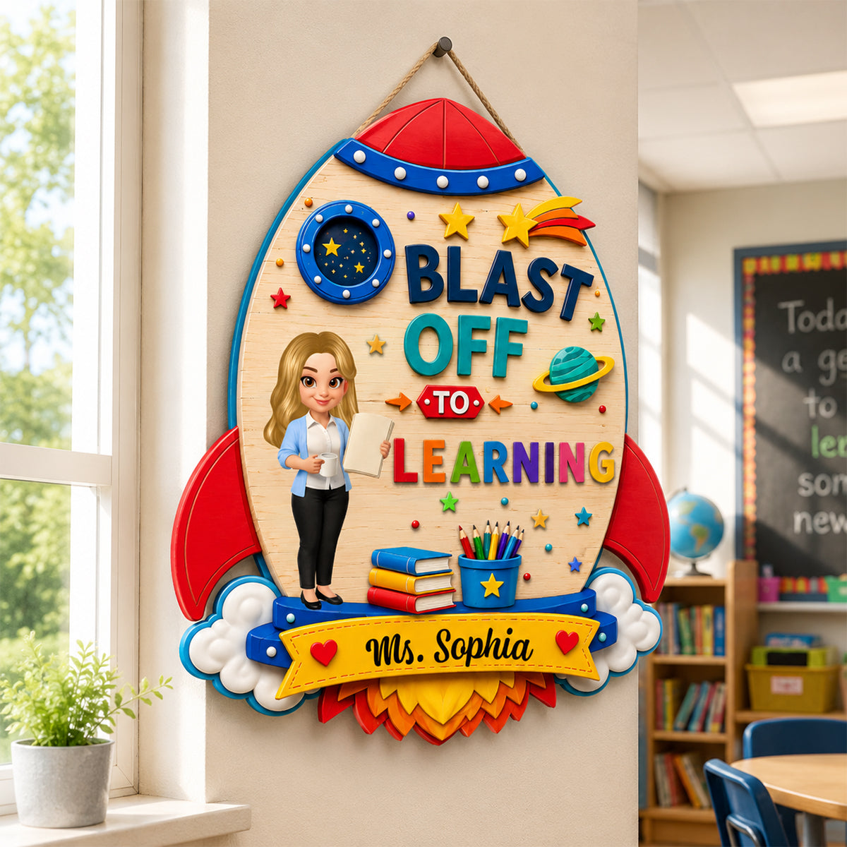 Blast Off To Learning Teacher - Personalized Wood Sign - Back To School Gift For Teacher, Classroom Decor