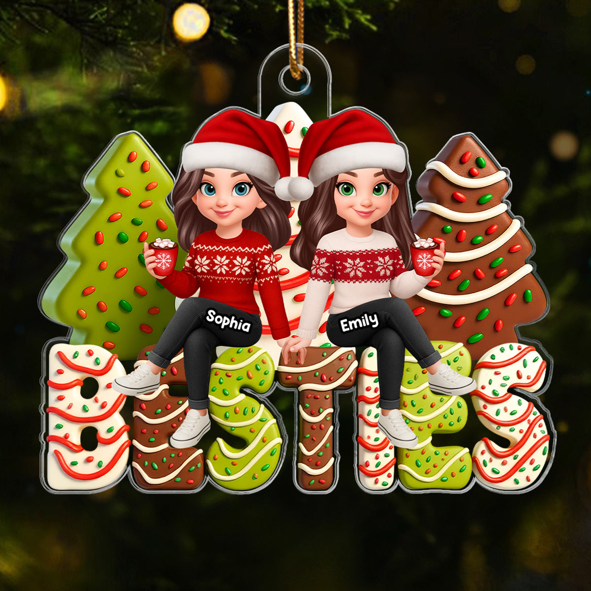 3D Effect Christmas Tree Cake Besties - Personalized Acrylic Ornament - Gift For Best Friends