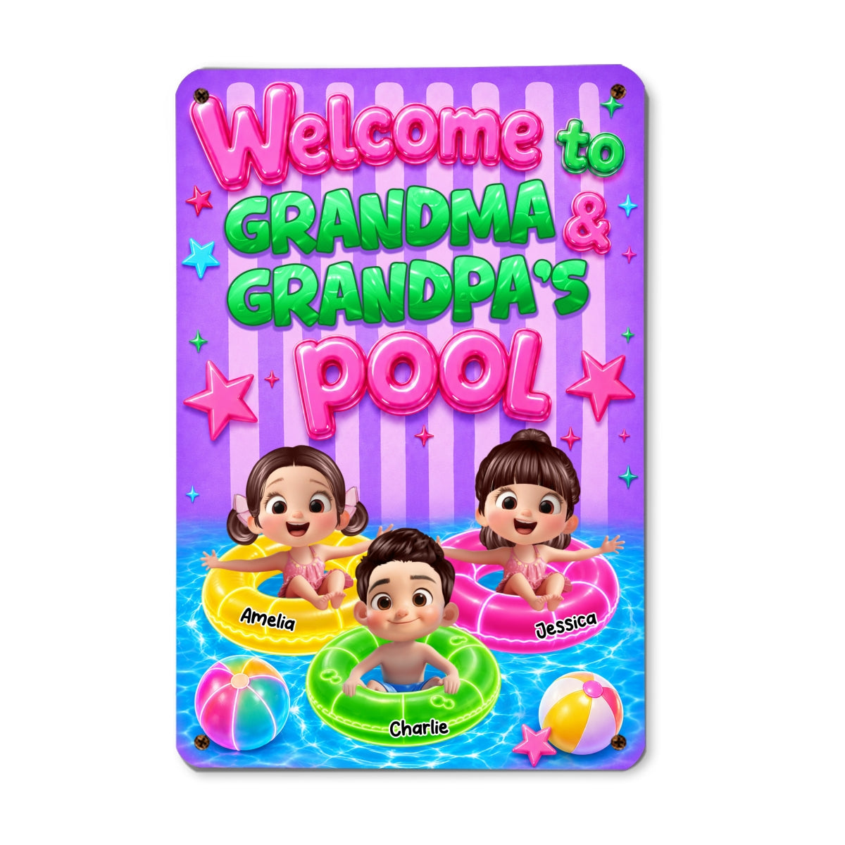 Neon Stripe Summer Welcome to Grandma Grandpa's Pool - Personalized Metal Sign - Trendy Summer Decor