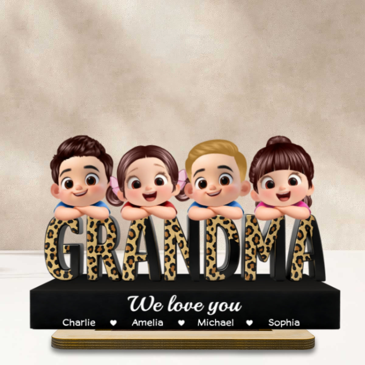 Grandma We Love You Leopard Pattern - Personalized 2-Layered Wooden Plaque - Heartfelt Gift for Grandma