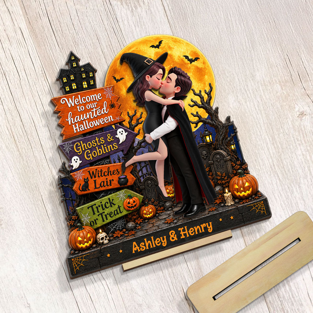 Eternal Love Couple Halloween Sign Posts - Personalized 2-Layered Wooden Plaque - Halloween Gift For Couple