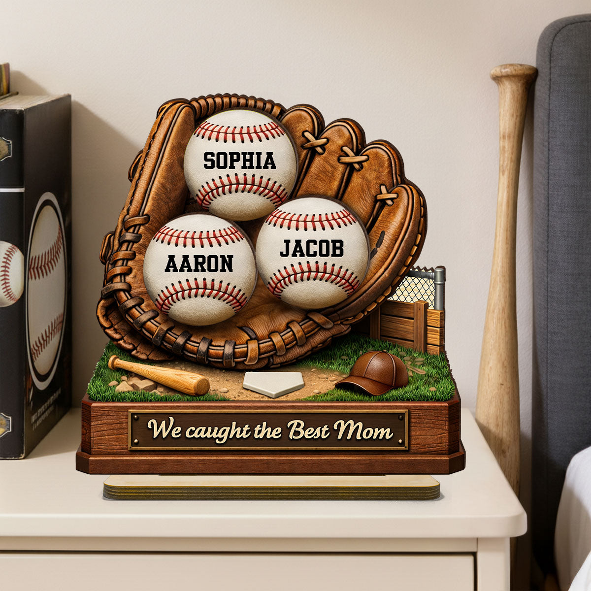 We Caught the Best Mom Baseball - Personalized 2-Layered Wooden Plaque - Sentimental Gift for Mom