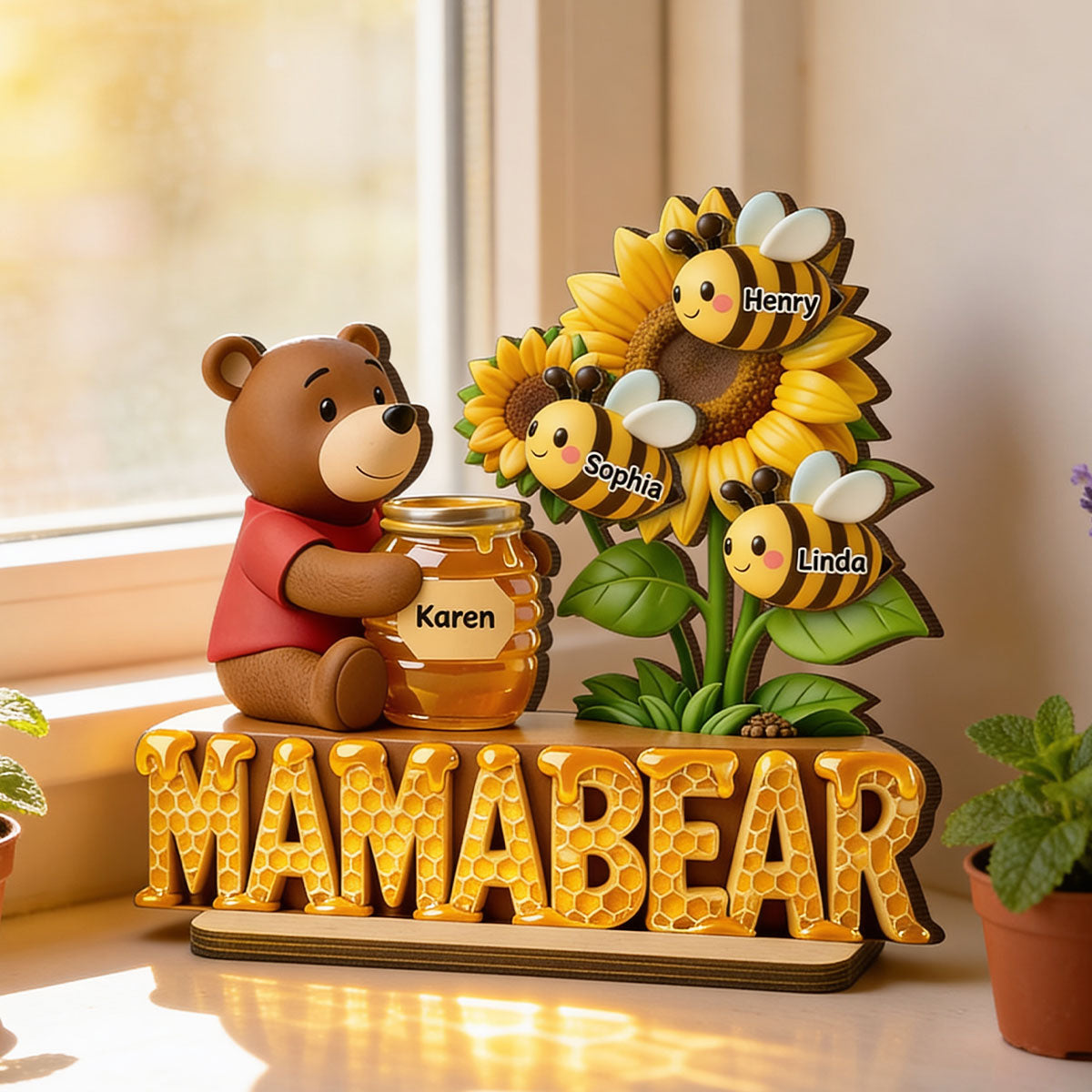 Mama Bear And Little Bees - Personalized 2-Layered Wooden Plaque - Heartfelt Gift For Mom, Grandma
