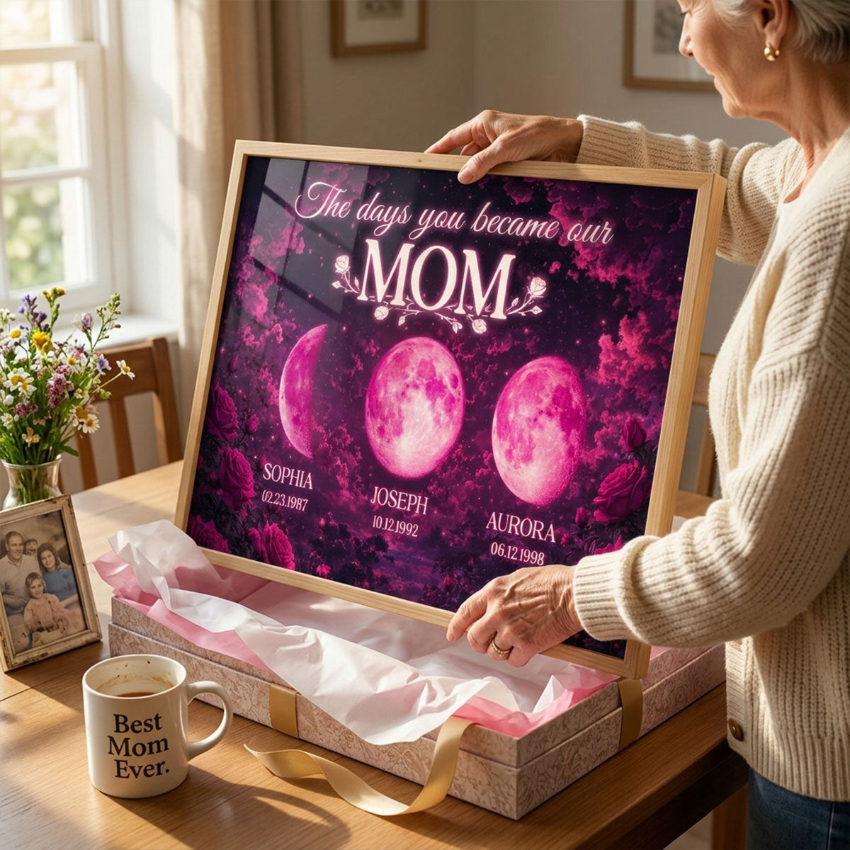 Pink Roses The Day You Became Mom Grandma Custom Birth Moon Phase - Personalized Poster - Mother's Day Gift For Mom, Grandma