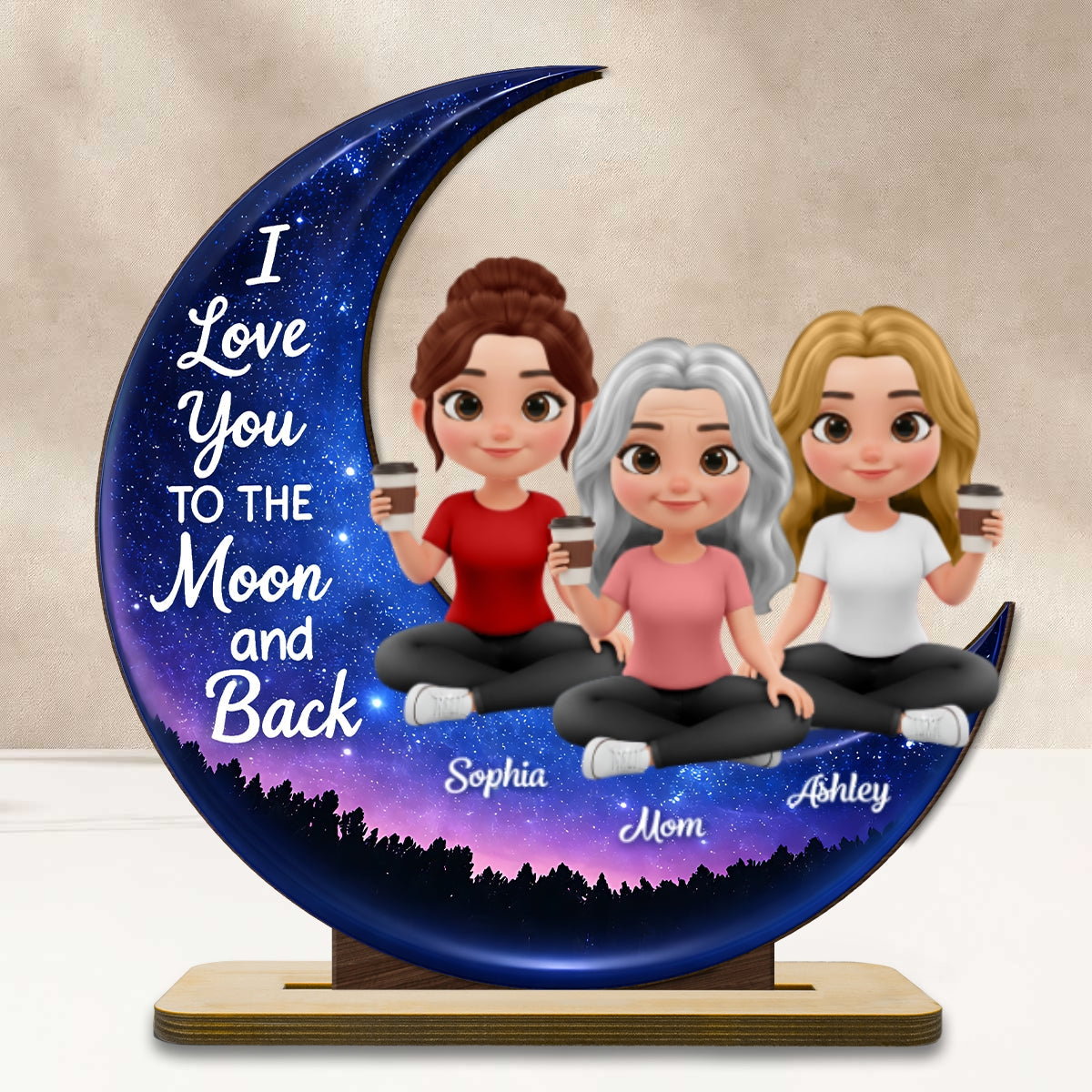 Mom And Daughters Love You To The Moon And Back - Personalized 2-Layered Wooden Plaque - Heartfelt Gift For Mom, Grandma