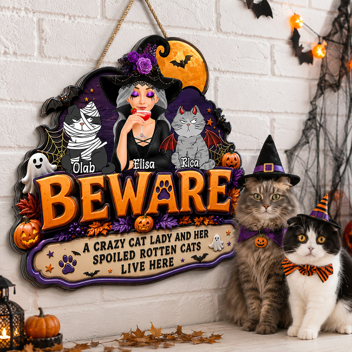 A Crazy Cat Lady And Her Spoiled Rotten Cats Live Here - Personalized Wood Sign - Halloween Decor Gift, Gift For Cat Lovers