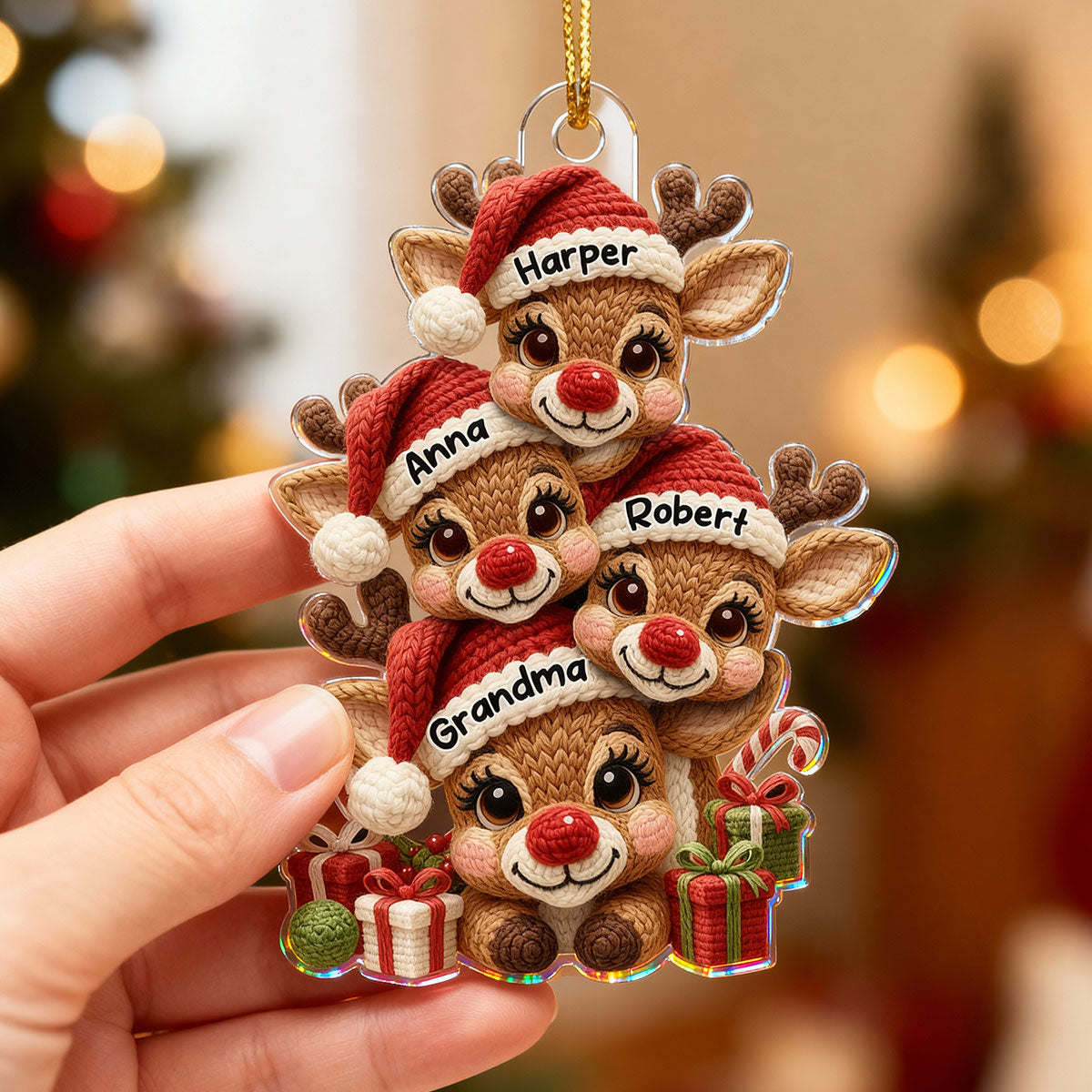 3D Effect Faux Yarn Grandma & Grandkids Reindeer Christmas - Personalized Acrylic Ornament - Gift for Grandma, Grandkids