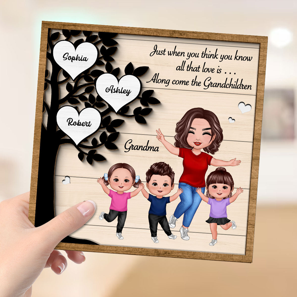 Love Come Along With Grandchildren Heart Tree Happy Grandma Grandkids Personalized 2-Layer Wooden Plaque