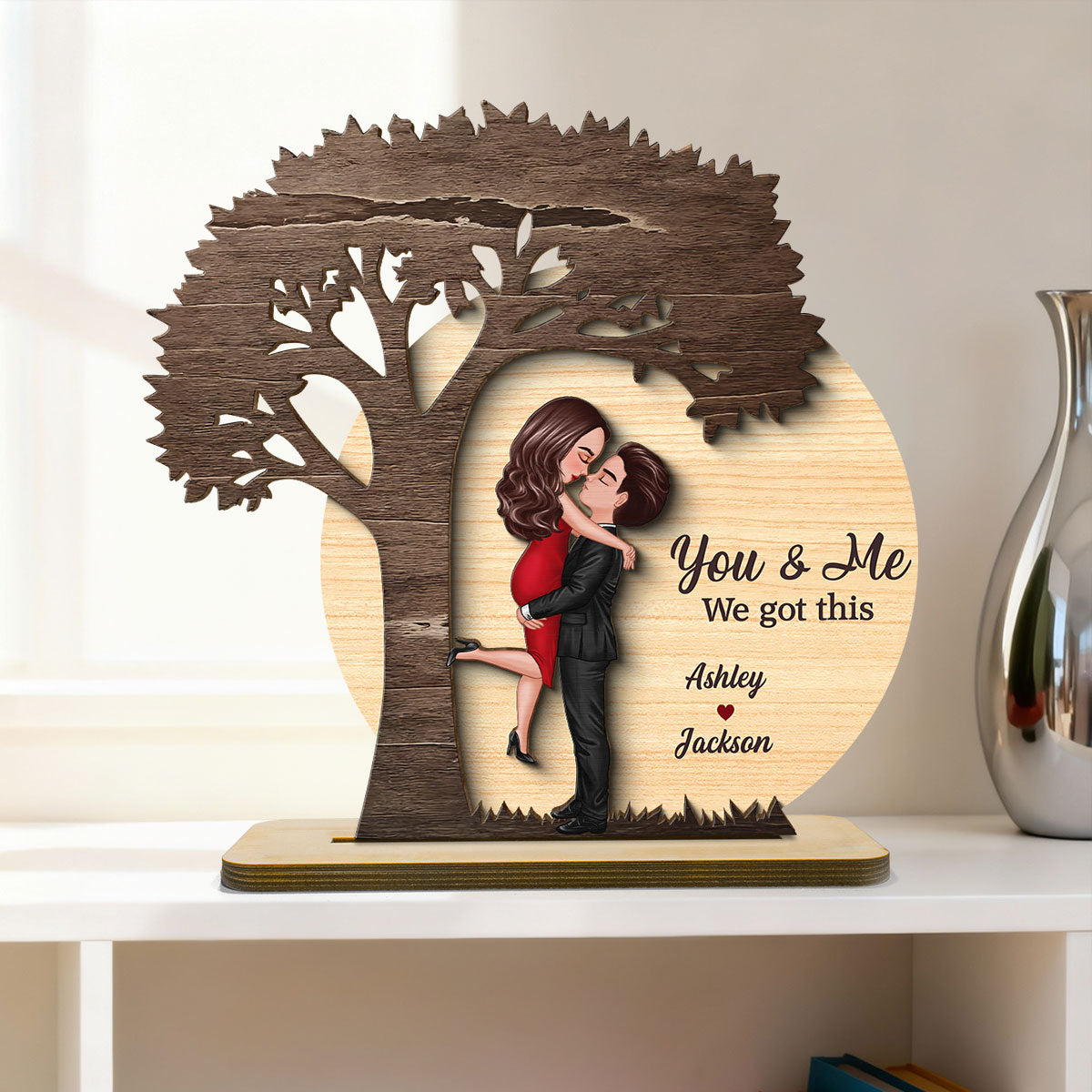Couple Hugging Kissing Under Tree Moon Rustic - Personalized 2-Layer Wooden Plaque - Valentine's Day, Anniversary Gift For Him, For Her