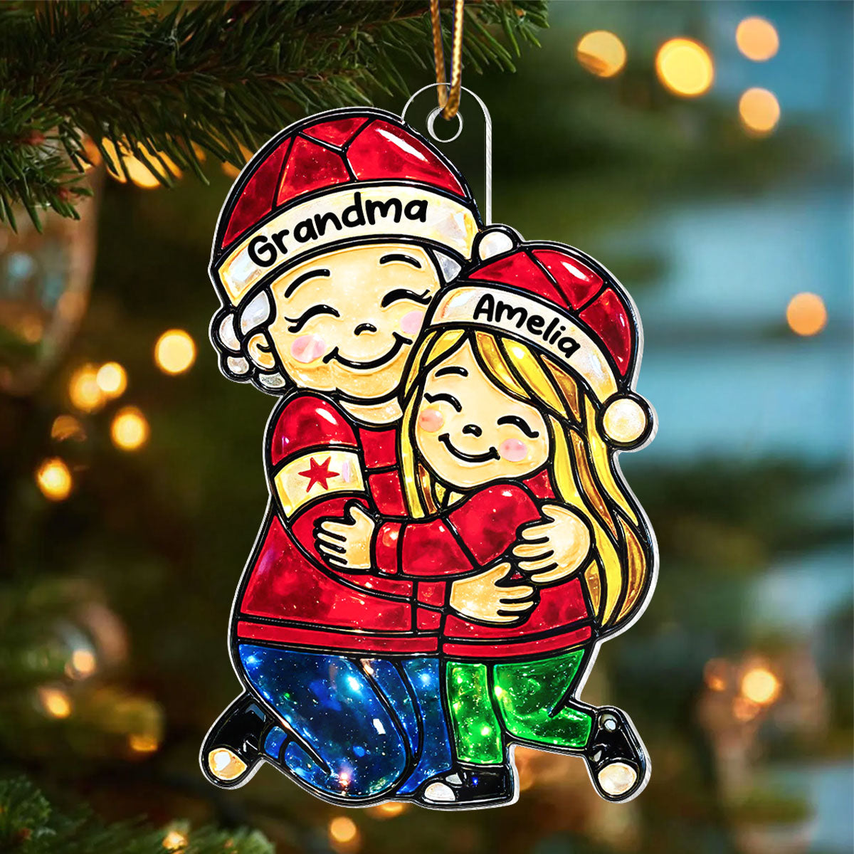 Grandma Hugging Grandkids Stained Glass Pattern - Personalized Acrylic Ornament - Heartwarming Christmas Gift For Grandma, Granddaughter, Grandson