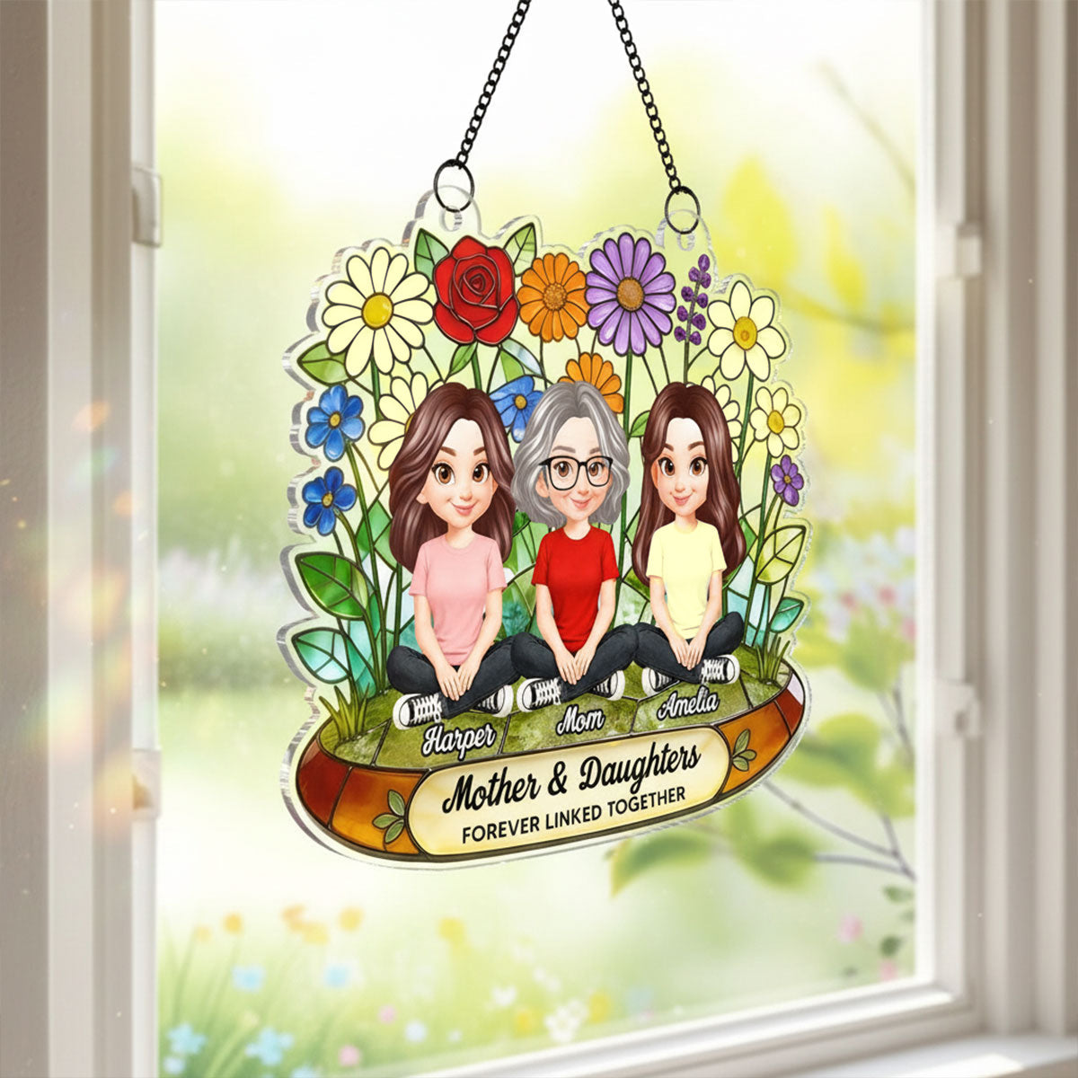 Flower Garden Mom And Son Daughter Forever Linked Together - Personalized Suncatcher Ornament - Gift For Mom