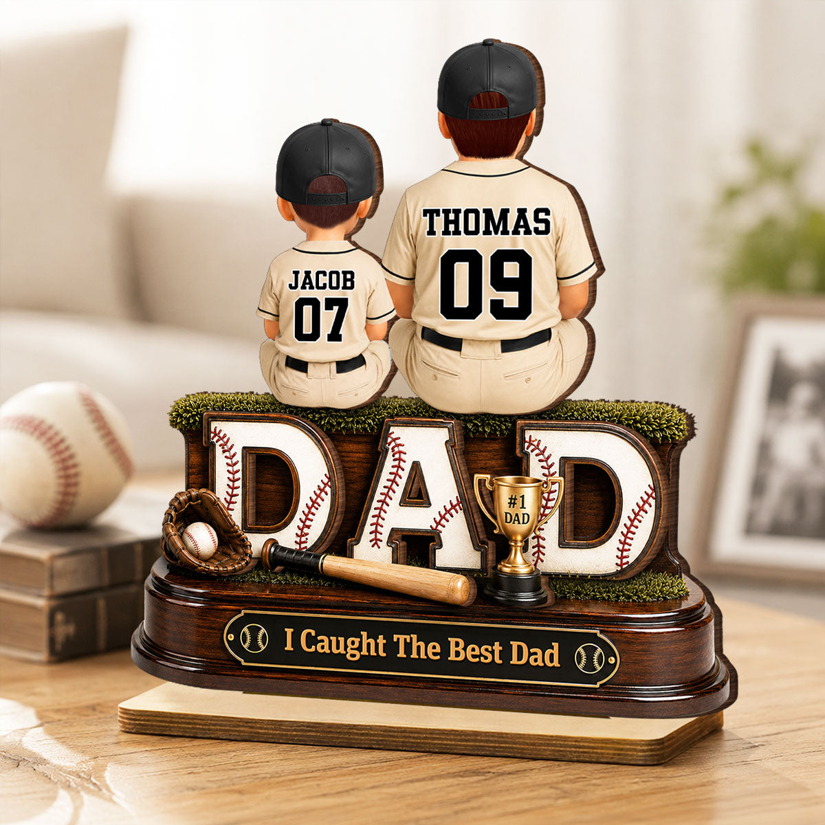Baseball Dad and Children We Caught the Best Dad - Personalized 2-Layered Wooden Plaque -  Gift for Dad, Husband