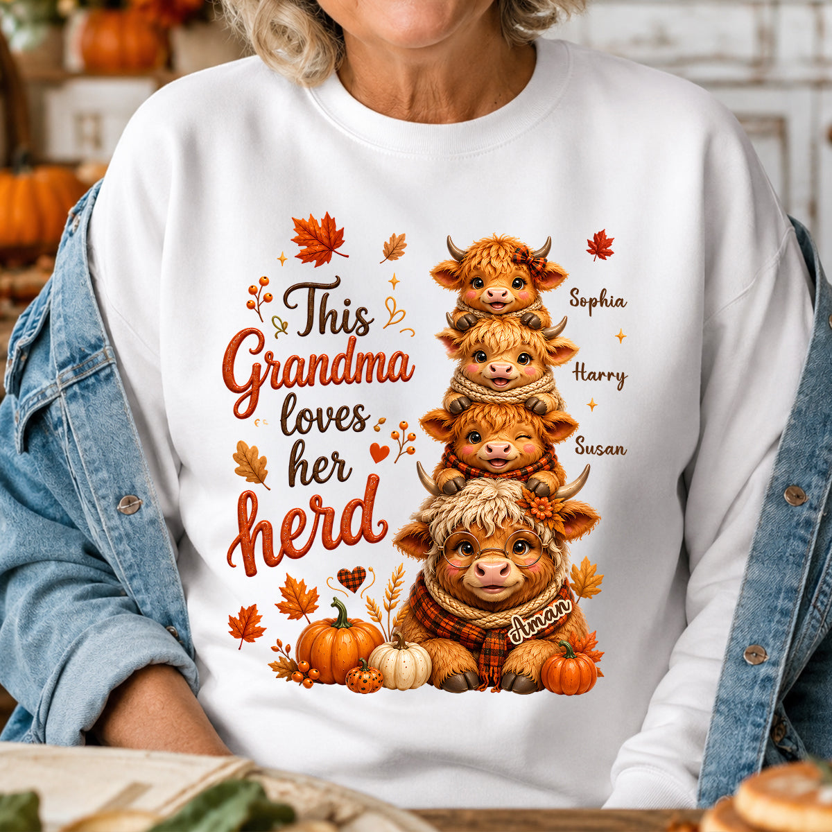 Grandma Grandkids Highland Cow Autumn - Personalized Shirt - Fall Season Gift, Gift For Grandma