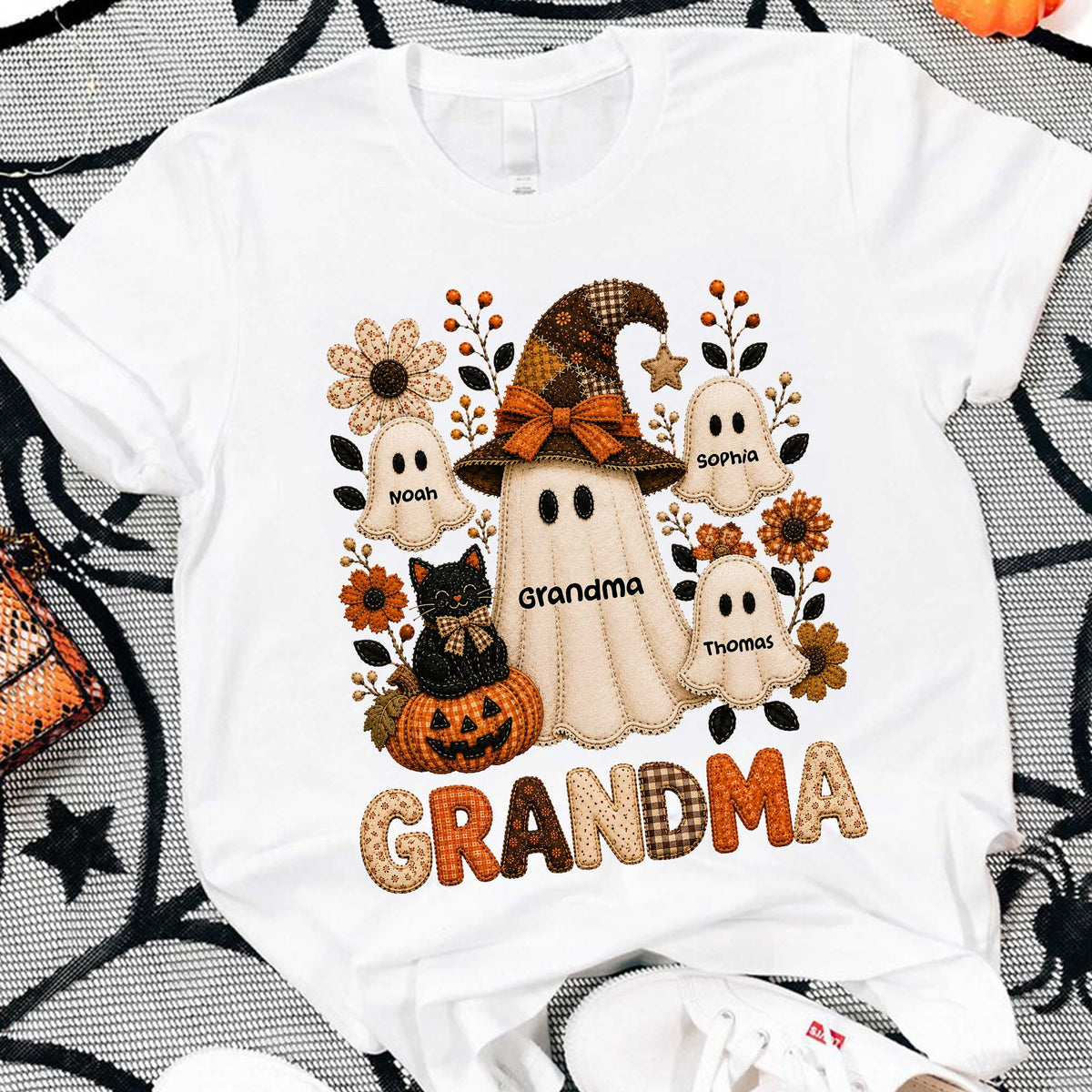 Cute Grandma Boo Witch Fall Season Halloween Faux Patchwork Pattern Coquette - Personalized Shirt - Halloween Gift For Grandma
