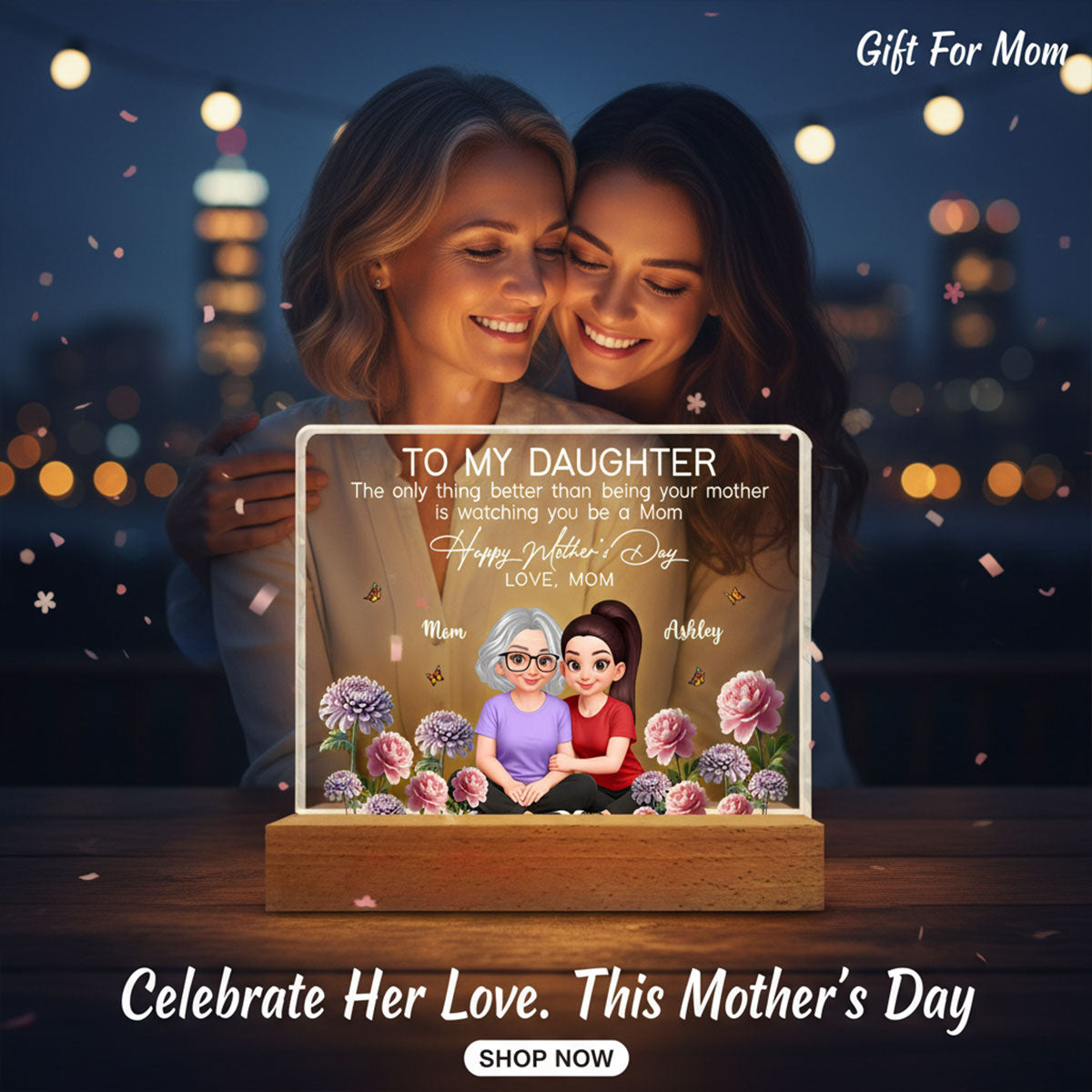 To My Daughter Happy Mother's Day Custom Birth Month Flower - Personalized Acrylic Block LED Plaque - Mother's Day Gift For Daughter