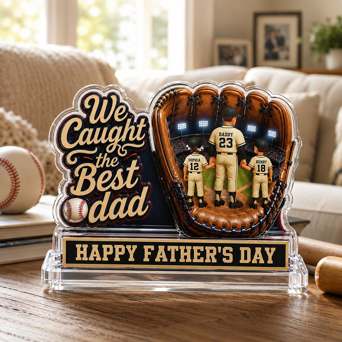 We Caught The Best Dad Dad & Kids In Glove 2D Flat - Personalized Acrylic Block Plaque - Happy  For Baseball Dad