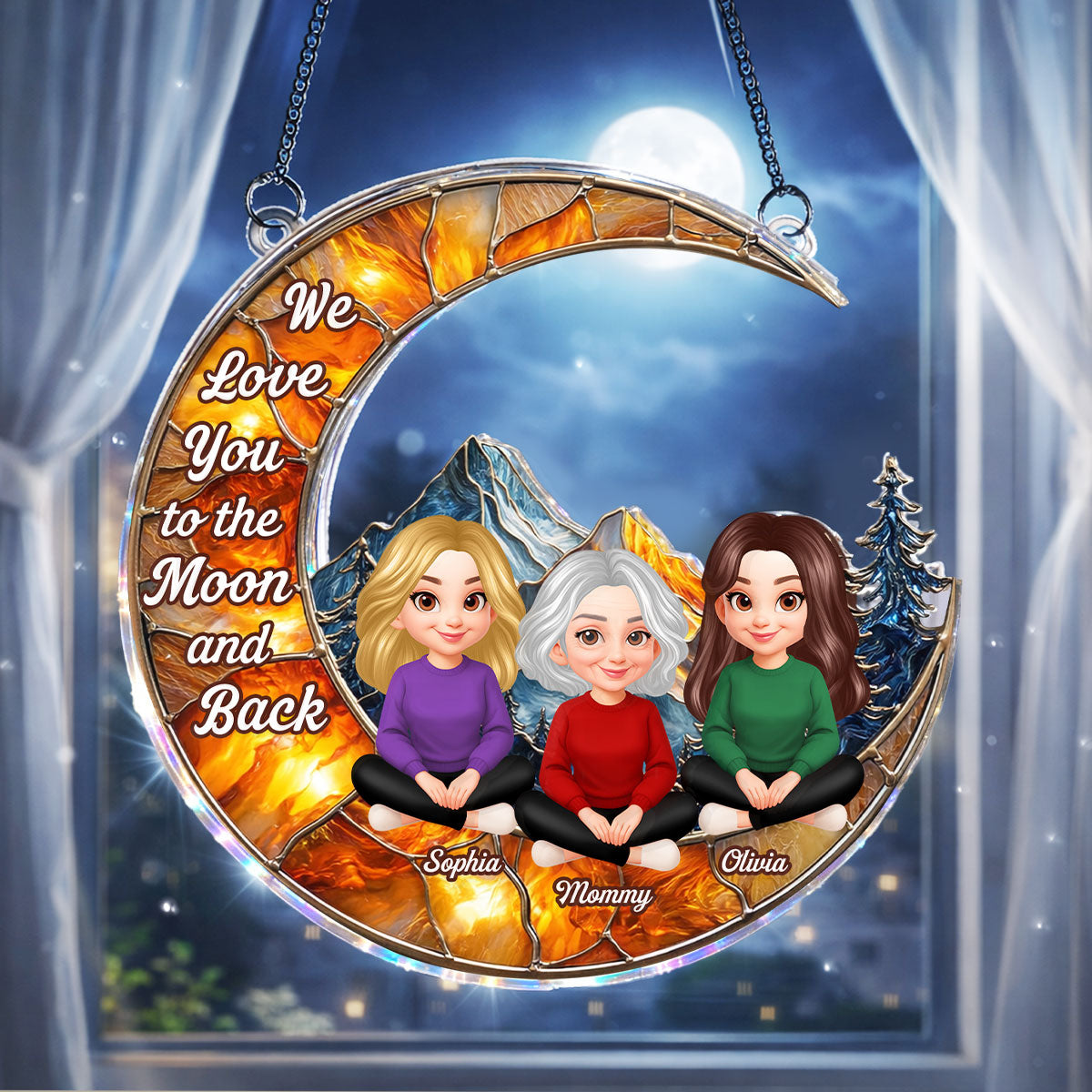 Mother Daughter Son Sitting on Moon - Personalized Suncatcher Ornament - Heartfelt Mother's Day Gift for Mom, Wife