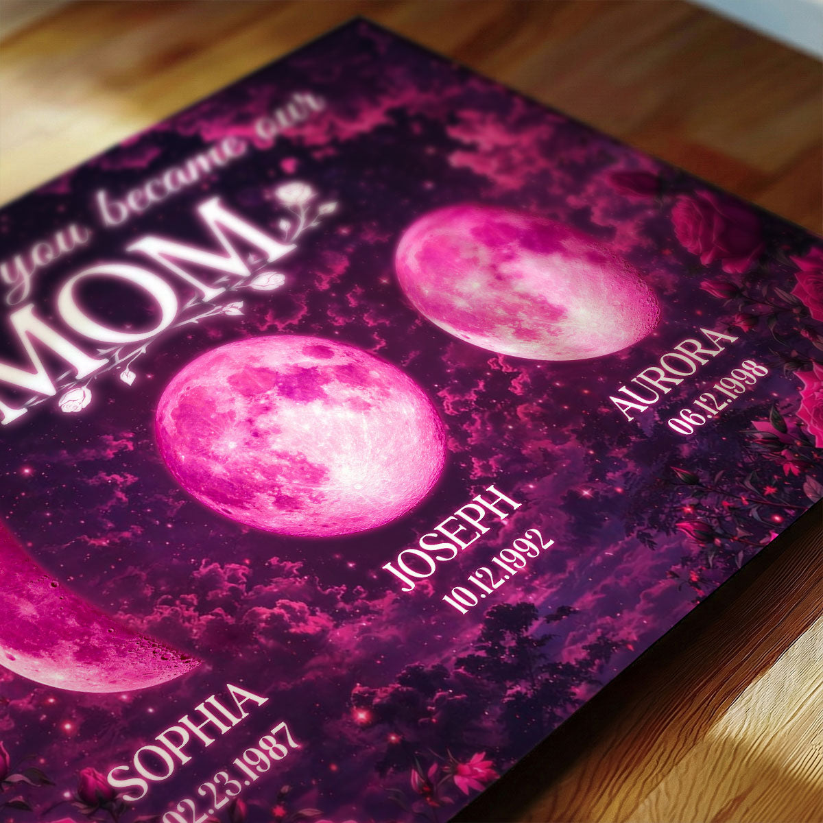 Pink Roses The Day You Became Mom Grandma Custom Birth Moon Phase - Personalized Poster - Mother's Day Gift For Mom, Grandma
