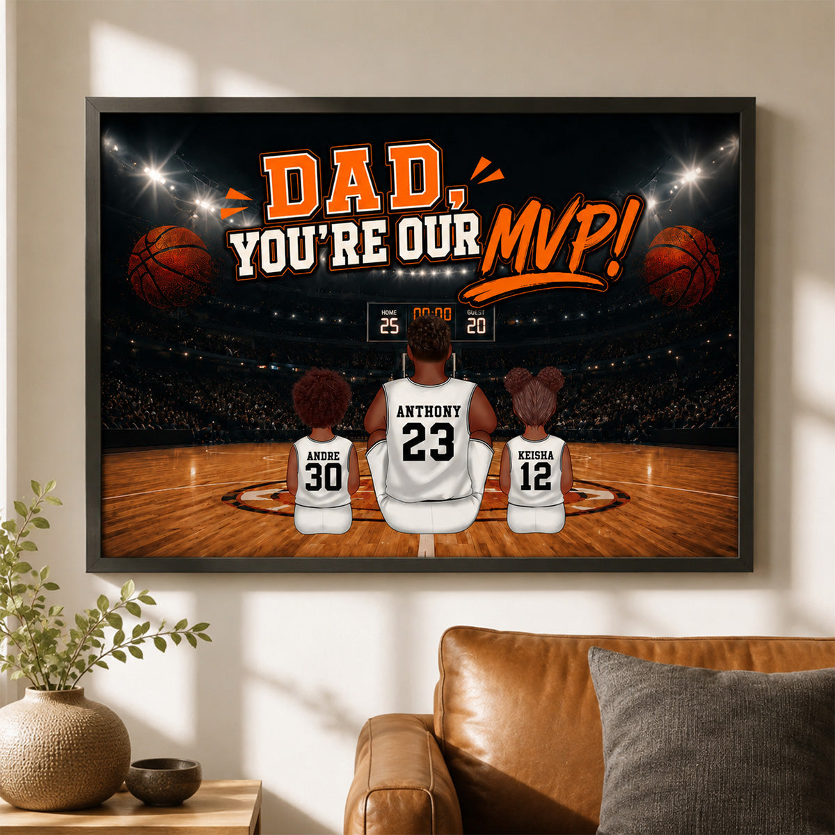 Dad You Are Our MVP Sitting Basketball Man & Kids 2D Flat - Personalized Poster - Father's Day Gift For Basketball Dad