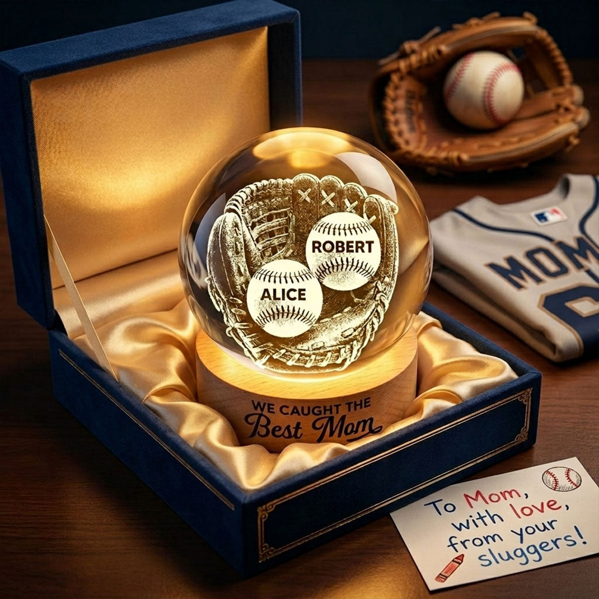 We Caught The Best Mom Baseball In Glove - Personalized Crystal Ball LED Night Light - Mother's Day Gift For Baseball Mom