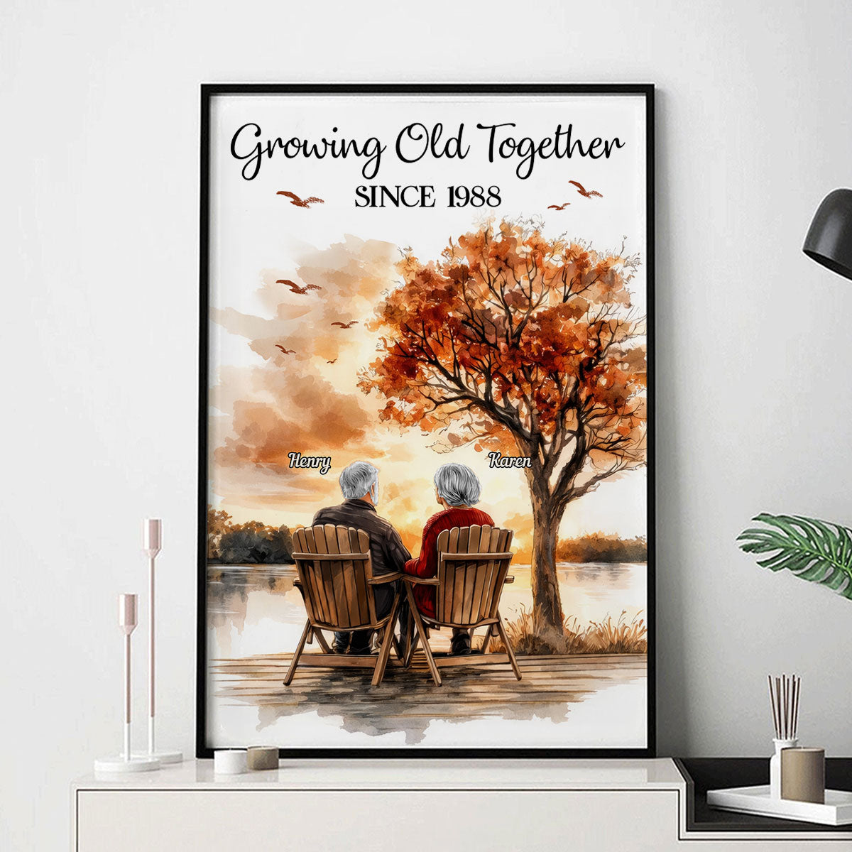 Romantic Old Couple At Park Bench - Personalized Poster - Anniversary, Valentine's Day Gift, Gift For Her, Gift For Him