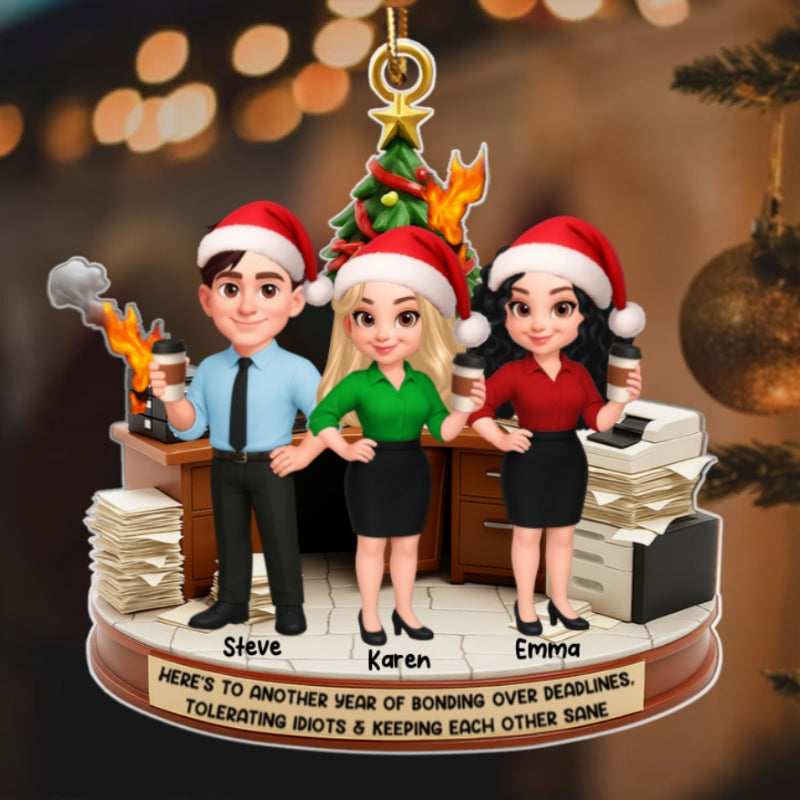 Here's to a Year Bonding over Deadlines - Personalized Acrylic Ornament - Funny Christmas Gift for Coworkers, White Elephant, Secret Santa Gift