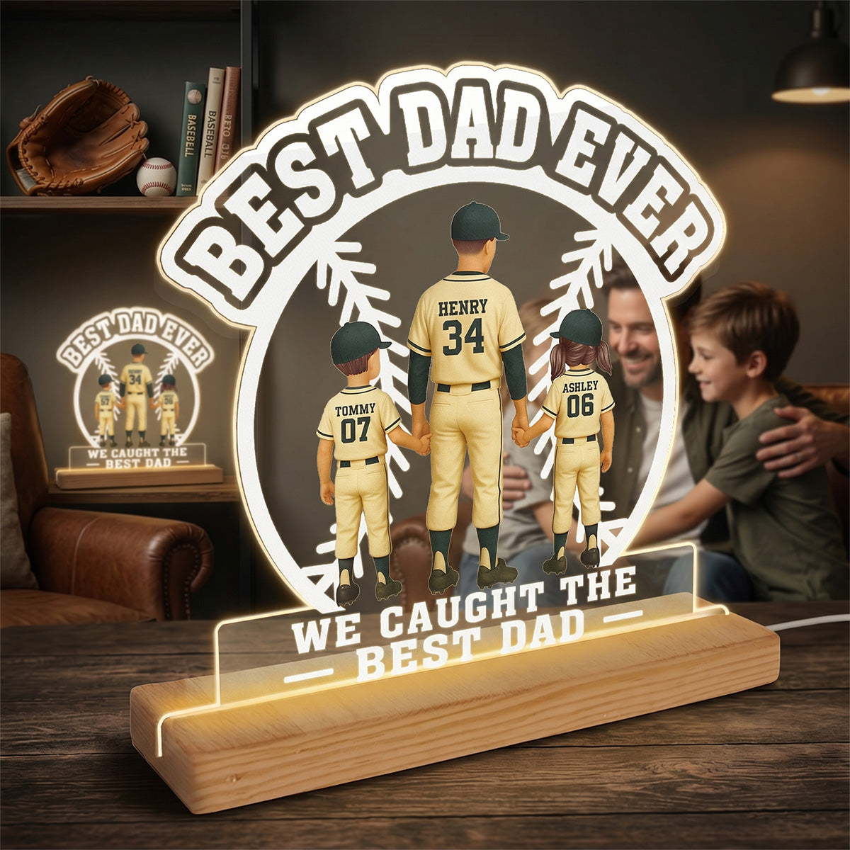 We Caught The Best Dad Baseball Dad & Kids - Personalized Acrylic Plaque LED Night Light