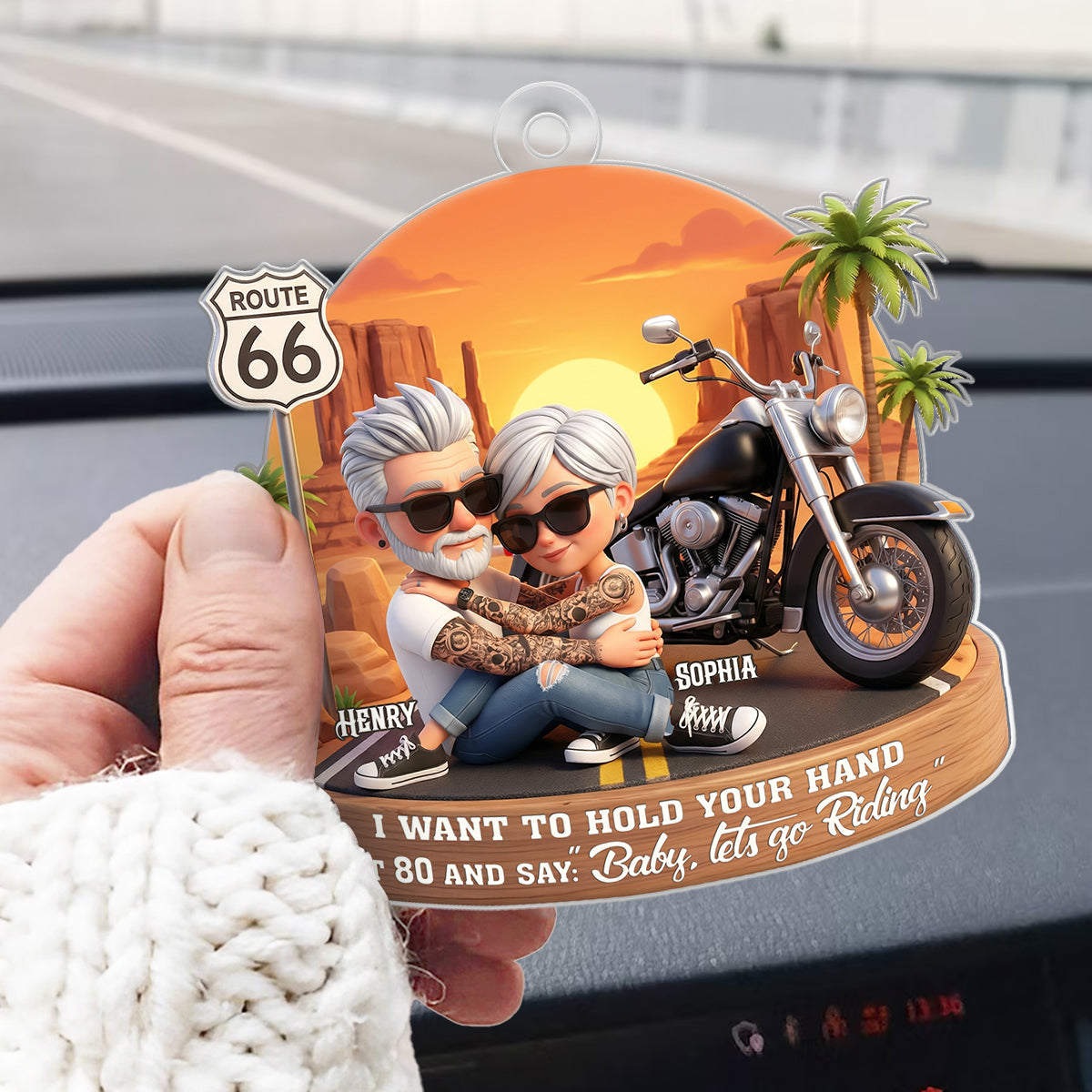 3D Effect Old Couple Baby Let's Go Riding  - Personalized Acrylic Car Hanger - Sentimental Gift for him, for her