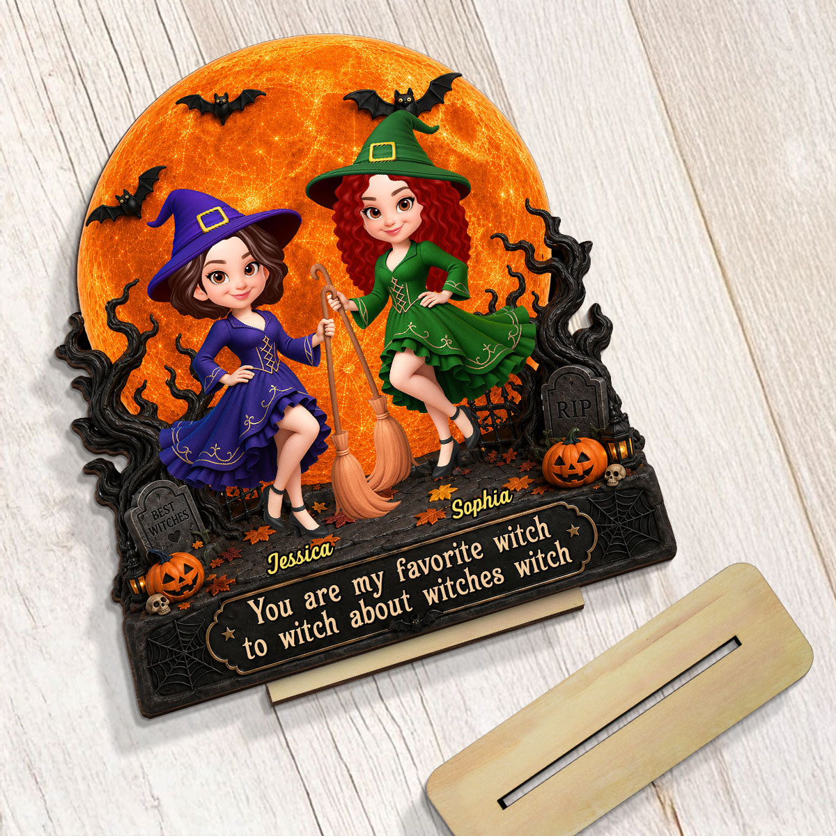 Halloween Witches Besties Moon Light - Personalized 2-Layered Wooden Plaque - Halloween Gift For Best Friends