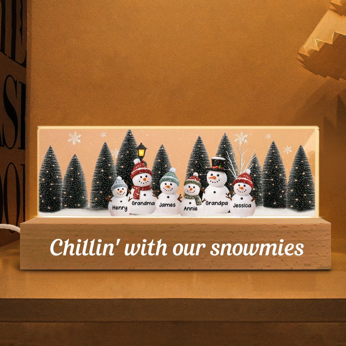 3D Effect Snowman Family Grandparents In Christmas Scene - Personalized Acrylic Block LED Night Light - Christmas Decor For Grandma, Family
